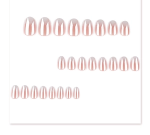 Detail of mirror-finish nude pink oval press-on nails with shiny metallic coating effect