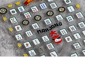 Detailed view of 5D Mahjong nail stickers with gold ingots and traditional lucky motifs
