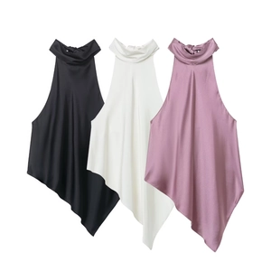 Sexy Halter Neck Satin Top Sleeveless Asymmetrical Hem Backless Elegant Solid Color Summer Tank Vest For Women