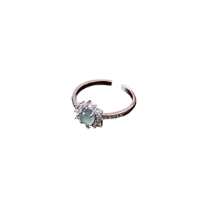 Vintage adjustable silver ring with light green zircon sunflower and diamond accents