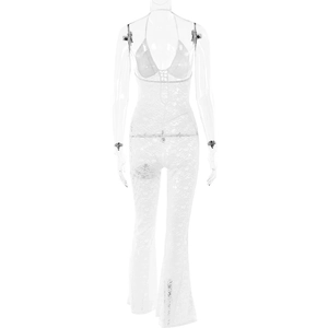Detailed view of white lace halter jumpsuit featuring hollow-out bell-bottom trousers