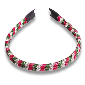 Sparkling Christmas headband with red green and white rhinestones on black frame