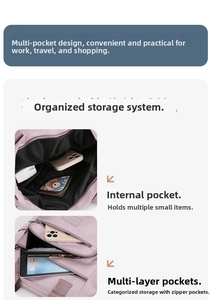 Detail view of internal compartments for phone and tablet in purple nylon shoulder bag