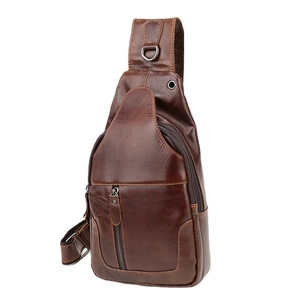 Retro deep brown genuine leather crossbody chest bag for men with multi-zipper compartments