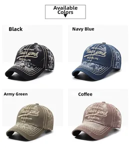 Detail view of four vintage washed baseball caps with embroidered New York lettering