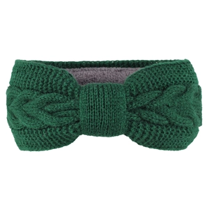Detail of cable-knit bow headband showing thermal fleece lining and green knit texture