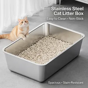 Bac à Litière Ouvert en Acier Inoxydable Grande Taille Bord Haut Anti Éclaboussures Toilette en Métal pour Chat