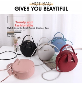 Detail view of five colored mini round bags with lychee pattern PU and bow decor