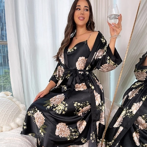 Women Plus Size Floral Print Pajamas Robe And Nightdress Imitation Satin Satin Long V-Neck Sleepwear Loungewear