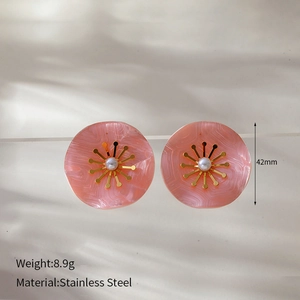 Detail of 42mm pink marble textured earrings with stainless steel and small pearls
