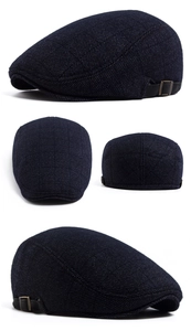 Detailed views of dark blue herringbone flat cap with adjustable bronze metal buckle