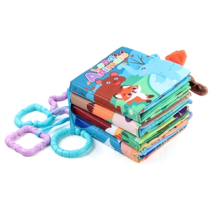 Baby jungle tail cloth book set with colorful cartoon animals and plastic teething rings