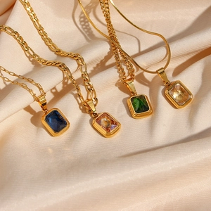 Golden Figaro and snake chain necklaces featuring colorful square zircon stone pendants