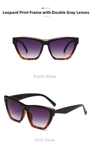 Detailed front and side views of leopard print cat eye sunglasses with gradient grey lenses