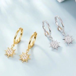 S925 sterling silver star hoop earrings with sparkling zircon in gold and silver