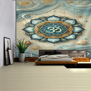 Détail du symbole Om spirituel sur la tenture murale mandala bleu et or pour chambre