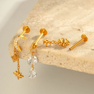 F136 titanium gold labret stud set with flower and star zircon for cartilage piercing