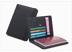 Slim RFID travel passport holder with card slots and SIM card storage in black PU leather