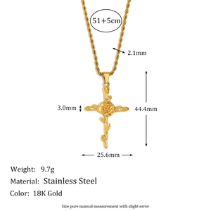 18K gold plated stainless steel cross necklace with rose flower pendant and dimensions