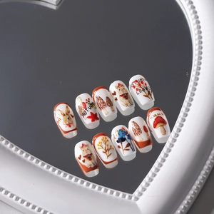 Autumn-themed 5D nail stickers featuring matte rabbit, mushroom, and falling leaf designs