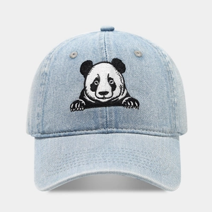 Light blue denim baseball cap with panda embroidery and adjustable strap for sports