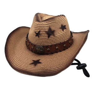 Western Cowboy Straw Hat Wide Brim Sun Protection Beach Travel With Star Badge Rivets Adjustable Chin Strap
