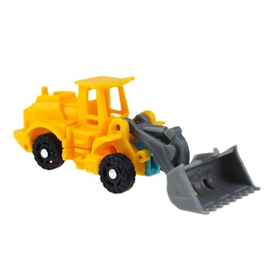 Close-up of yellow plastic toy excavator with grey bucket and rolling black wheels