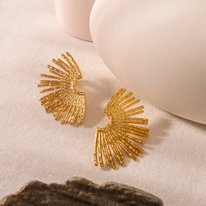 Elegant 18K gold-plated stainless steel fan-shaped stud earrings with hammered texture