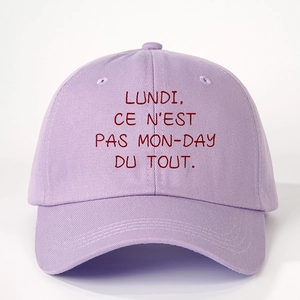 Detail of lavender cotton baseball cap with red LUNDI CE N'EST PAS MON-DAY text print