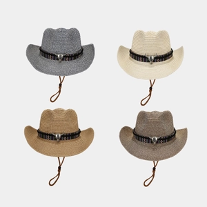 Western Woven Straw Cowboy Hat With Metal Bull Head Ethnic Pattern Band Adjustable Wind Cord Sun Protection Summer Beach