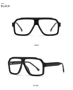 Detail view of oversized black square frame sunglasses with double bridge and thick temples