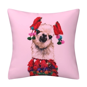 Pink pillowcase with cartoon llama and colorful tassels for home sofa decoration