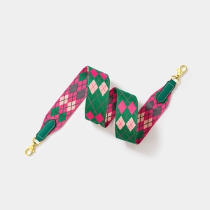 Wide woven shoulder strap with green pink grey pattern and golden metal clips
