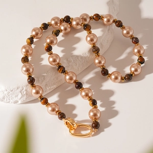 Maillard style tiger eye stone and faux pearl necklace with gold plated U-shaped clasp