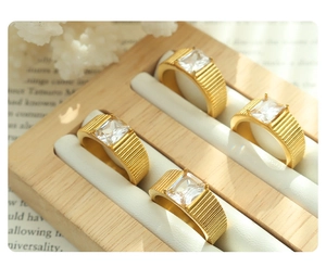 Detailed view of rectangular cubic zirconia on ribbed 18K gold-plated steel ring band