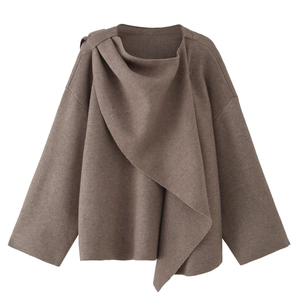 French style brown knit coat with irregular shawl scarf design for autumn winter fashion