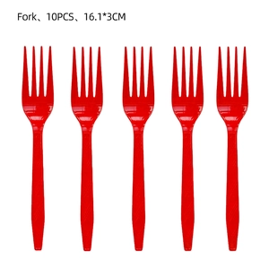 Set of ten vibrant red plastic forks for carnival parties and circus themed events