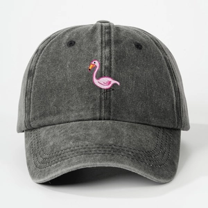 Washed charcoal grey baseball cap with pink flamingo embroidery for outdoor sun protection