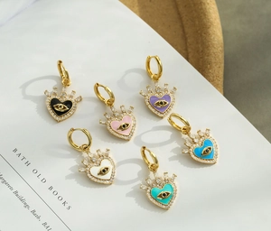 Golden heart evil eye hoop earrings with colorful enamel and sparkling zircon pavé