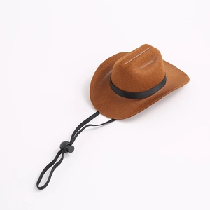 Detailansicht eines braunen Haustier-Cowboyhuts mit schwarzem Band und Kordel