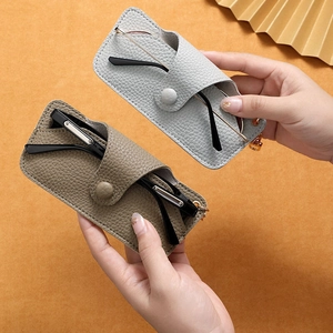 Handmade lychee texture leather sunglasses case with metal snap and portable hook