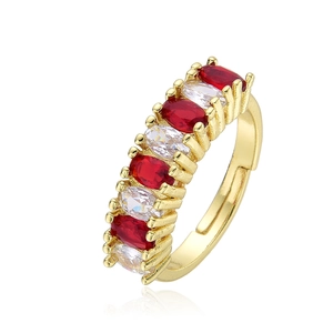 Adjustable gold plated copper ring featuring oval red and white zircon gemstones