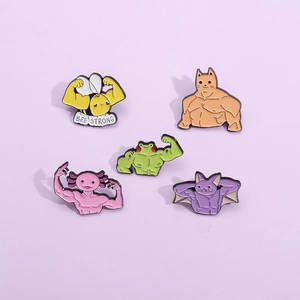 Strong cartoon animals enamel pin set featuring muscular bee, frog, and cat designs