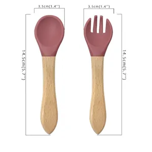 Food grade silicone baby spoon and fork set with ergonomic natural wood handles