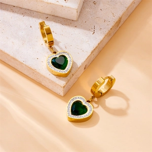 Vintage gold hoop earrings featuring emerald heart charms and sparkling halo crystals