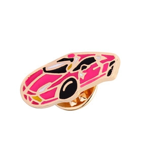 Cute pink sports car enamel pin with gold metal frame and butterfly clasp for bags