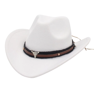 Cappello da cowboy in feltro bianco con teschio di bufalo d'argento e fascia intrecciata