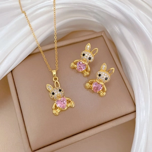 Titanium rabbit jewelry set with pink heart stone and crystals on necklace and earrings