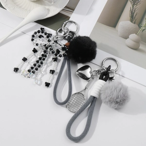 Keychain Bag Charm Zinc Alloy Faux Fur Crystal Beads Bowknot Tennis Racket Heart For Key Ring Backpack Decoration