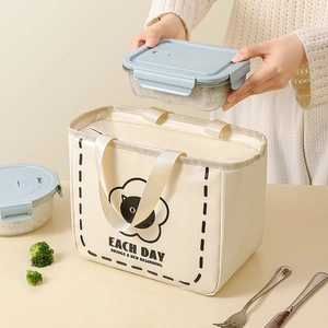 Minimalist cream canvas thermal lunch bag with cat print and sturdy carry handles